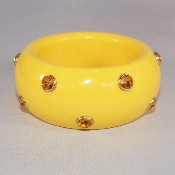 Yellow X-Wide Vintage Acrylic Bangle with Rhinestone Accents - Picture 1 of 5